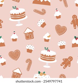 A cute seamless pattern of Christmas treats, gingerbread man, gingerbread cookies, cupcakes, cake, Christmas pudding etc. Flat style