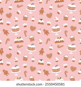 A cute seamless pattern of Christmas treats, gingerbread man, gingerbread cookies, cupcakes, cake, Christmas pudding etc. Flat style