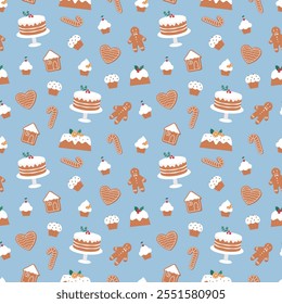 A cute seamless pattern of Christmas treats, gingerbread man, gingerbread cookies, cupcakes, cake, Christmas pudding etc. Flat style