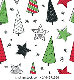 Cute seamless pattern with christmas tree and stars. Hand Drawn vector illustration. Wrapping paper pattern. Background with abstract elements.