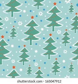 Cute seamless pattern with Christmas tree and snowflakes. Seamless pattern can be used for wallpapers, pattern fills, web page backgrounds, surface textures.