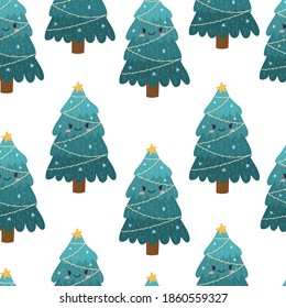 Cute seamless pattern of Christmas Tree. Christmas and new year wrapping paper. Vector Hand drawn illustation.