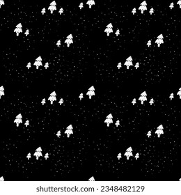 Cute Seamless pattern with Christmas tree on textured background. Vector pattern in linocut style. Black background.
