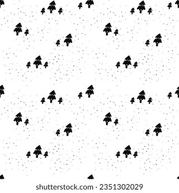 Cute Seamless pattern with Christmas tree on textured background. Vector pattern in linocut style. White background. 