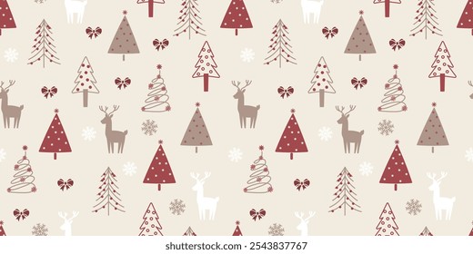 Cute Seamless Pattern Christmas tree, Reindeer, Bow, Coquette, Snowflake in Simple Style Design Ideal for Textile, Wallpaper, Fabric Prints or Wrapping Paper.
