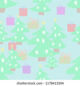 Cute seamless pattern with christmas trees and gift boxes, vector illustration