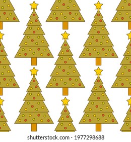 Cute seamless pattern with Christmas trees with decorations and stars. White background. Flat outline style illustration.