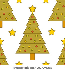 Cute seamless pattern with Christmas trees with decorations and stars. White background. Flat outline style illustration.