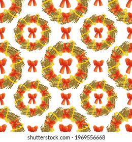 Cute seamless pattern with Christmas wreaths with red bows and golden beads. White background. Flat style illustration.