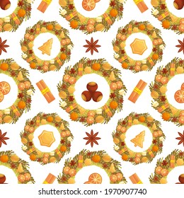 Cute seamless pattern with Christmas wreaths with sweet treats. White background. Flat style illustration.
