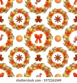 Cute seamless pattern with Christmas wreaths with sweet treats and bows. White background. Flat style illustration.