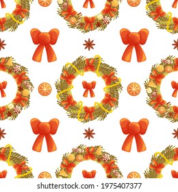 Cute seamless pattern with Christmas wreaths with sweet treats and golden beads and red bows. White background. Flat style illustration.