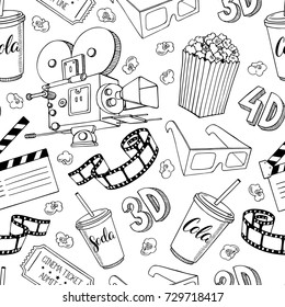 cute seamless pattern of cinema attributes. Hand-drawn illustration