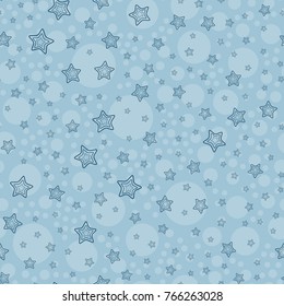 Cute seamless pattern with circles and outlines of stars. Vector illustration. Blue colour.