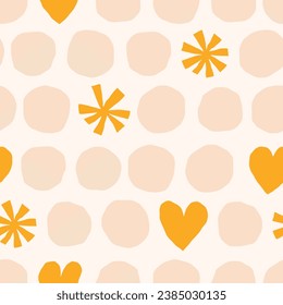 Cute seamless pattern with circles, snowflakes and hearts. Colourful vector texture with different shapes