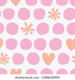 Patrón perfecto con círculos, copos de nieve y corazones. Textura vectorial colorida con diferentes formas