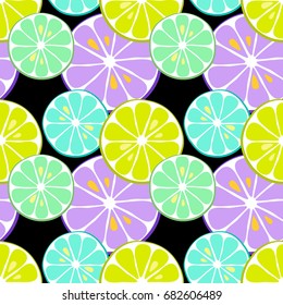 Cute seamless pattern of citrus fruits lemon and lime with simple textures and neon colors