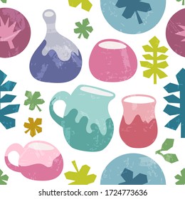 Cute Seamless Pattern With Clayware, Pottery Cups, Mugs And Plates