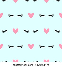 Cute seamless pattern with closed eyes and hearts. Simple girly print. Vector illustration.