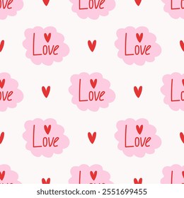 Cute seamless pattern with cloud love and hearts. Vector Pastel background. Valentines day and love