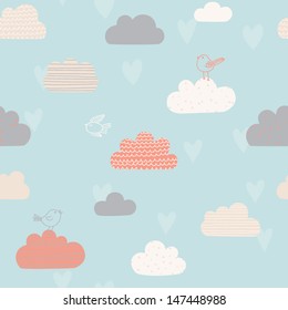 Cute seamless pattern with clouds, hearts and birds. Design for kids. Vector illustration