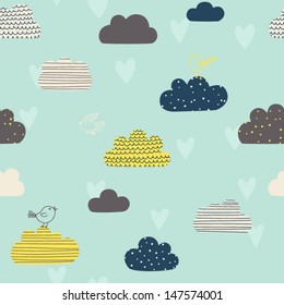 Cute seamless pattern with clouds, hearts and birds. Design for kids. Vector illustration
