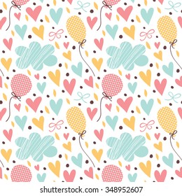 Cute seamless pattern with clouds, hearts and balloons.