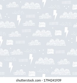 Cute seamless pattern with clouds, light and rain. Creative texture for fabric, wrapping, textile, wallpaper, apparel. Vector illustration. Grunge background.