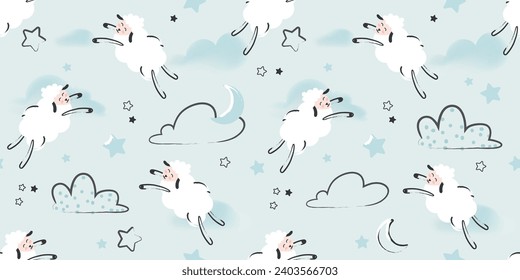 Cute Seamless Pattern with Clouds, Moon and Flying Sheeps. Vector horizontal Illustration. Kids Concept. Sweet dreams.