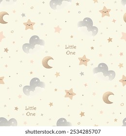 Cute seamless pattern with clouds, moon, and stars. Nursery baby pastel color background. For fabric, wallpaper, wrapping paper, kids apparel, baby product. Vector illustration