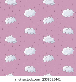 Cute seamless pattern with clouds and rain, rainy weather.