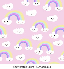 Cute Seamless Pattern with Clouds and Rainbow