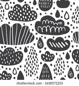 Cute seamless pattern with clouds and rainy drops in black ink style. Autumn or spring decorative fabric design. Girls boys wallpaper in outline doodle style