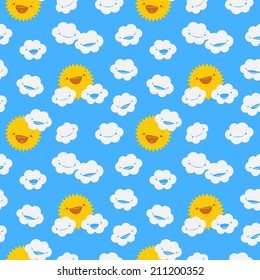 Cute seamless pattern with clouds and smiling sun.