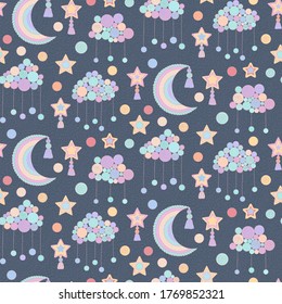 Patrón íntimo y sin fisuras con nubes, estrellas y luna en color pastel. Ilustración para diseño infantil, Papel tapiz, textiles, tela, papel de embalaje. Vector