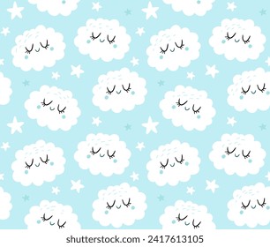 Cute seamless pattern with clouds and stars
