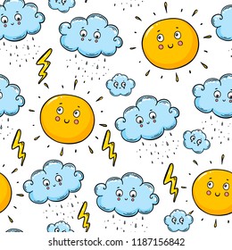 Cute Seamless Pattern With Clouds, Sun And Lightning. Rain Weather Pattern. Cute Design Template. Beautiful Decoration. Hand Drawn Pattern.