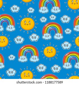 Cute seamless pattern with clouds, sun, rainbow. Weather vector illustration. Cute design template. Beautiful decoration. Hand drawn pattern.