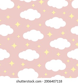 Cute seamless pattern with clouds and yellow stars on a pink background. Vector illustration for fabrics, textures, wallpapers, posters, postcards. Childish fun print. Editable elements.