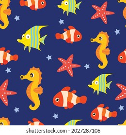 Cute seamless pattern with clown fish, star fish. Blue background. Vector Illustration.