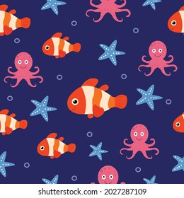 Patrón sin costura con peces payasos, peces estrella. Fondo azul. Ilustración vectorial.