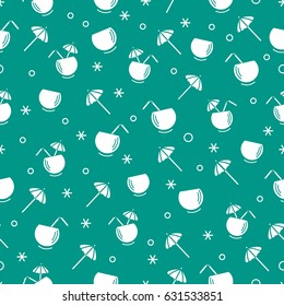 Cute seamless pattern with cocktail in half coconut, tube and umbrella. Travel and leisure. Design for banner, poster or print.