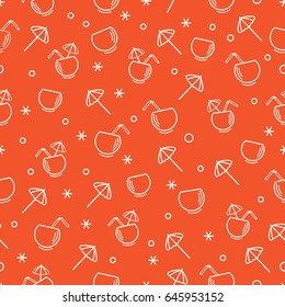 Cute seamless pattern with cocktail in half coconut, tube and umbrella. Travel and leisure. Design for banner, poster or print.