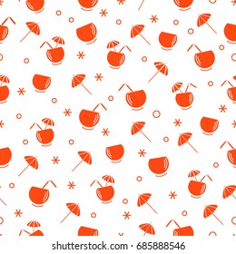 Cute seamless pattern with cocktail in half coconut, tube and umbrella. Travel and leisure. Design for banner, poster or print.
