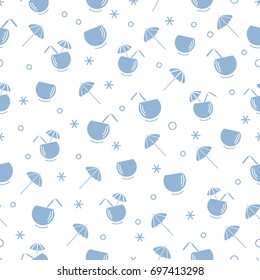 Cute seamless pattern with cocktail in half coconut, tube and umbrella. Travel and leisure. Design for banner, poster or print.