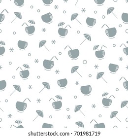 Cute seamless pattern with cocktail in half coconut, tube and umbrella. Travel and leisure. Design for banner, poster or print.