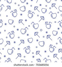 Cute seamless pattern with cocktail in half coconut, tube and umbrella. Travel and leisure. Design for banner, poster or print.