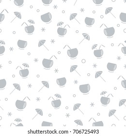 Cute seamless pattern with cocktail in half coconut, tube and umbrella. Travel and leisure. Design for banner, poster or print.