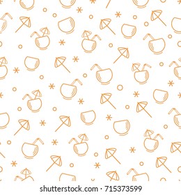 Cute seamless pattern with cocktail in half coconut, tube and umbrella. Travel and leisure. Design for banner, poster or print.