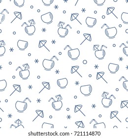 Cute seamless pattern with cocktail in half coconut, tube and umbrella. Travel and leisure. Design for banner, poster or print.